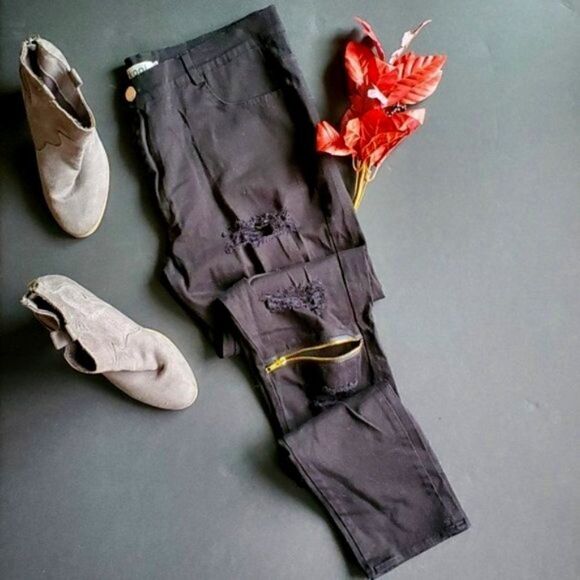 💍Urkool Black Distressed Jeans - Picture 1 of 8